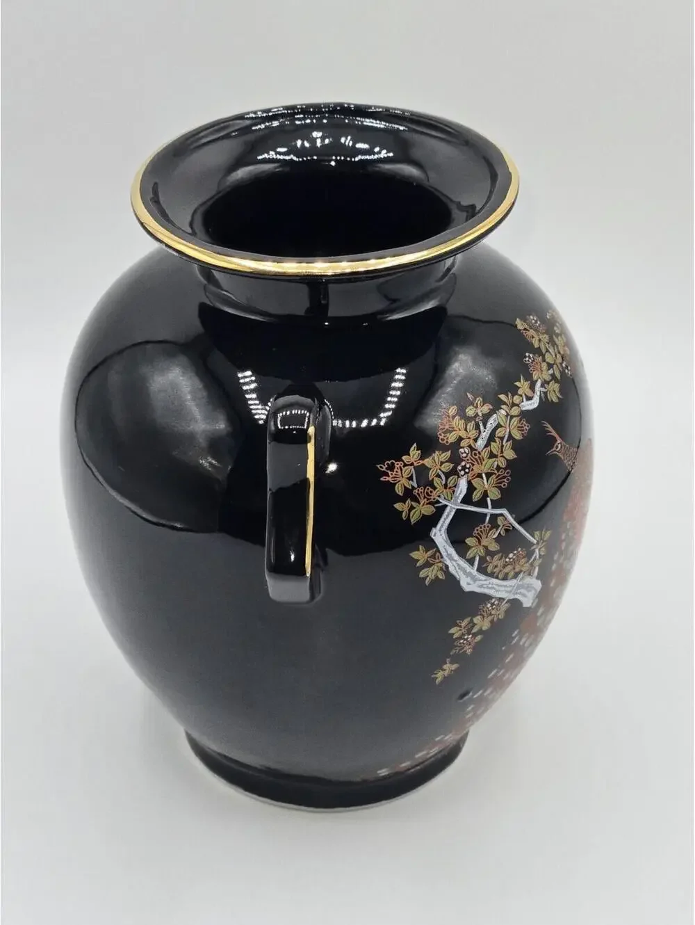 Vintage‎ Black Ceramic Vase Pheasant Bird Floral Design Gold Rim Double Handled